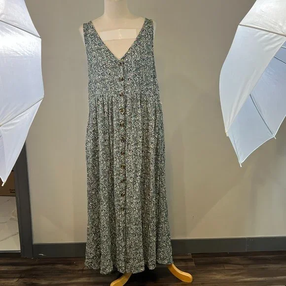 AMERICAN EAGLE Blue Floral Button Down Maxi Sleeveless Dress (L) - Picture 4 of 15